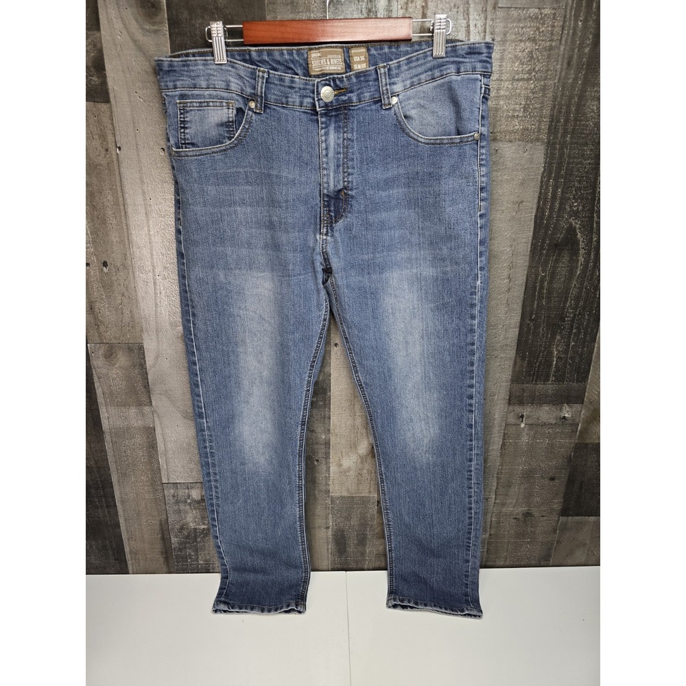 Stitches And Rivets Jeans Mens Sz 36x30 Blue Stretch Slim Fit Straight Leg